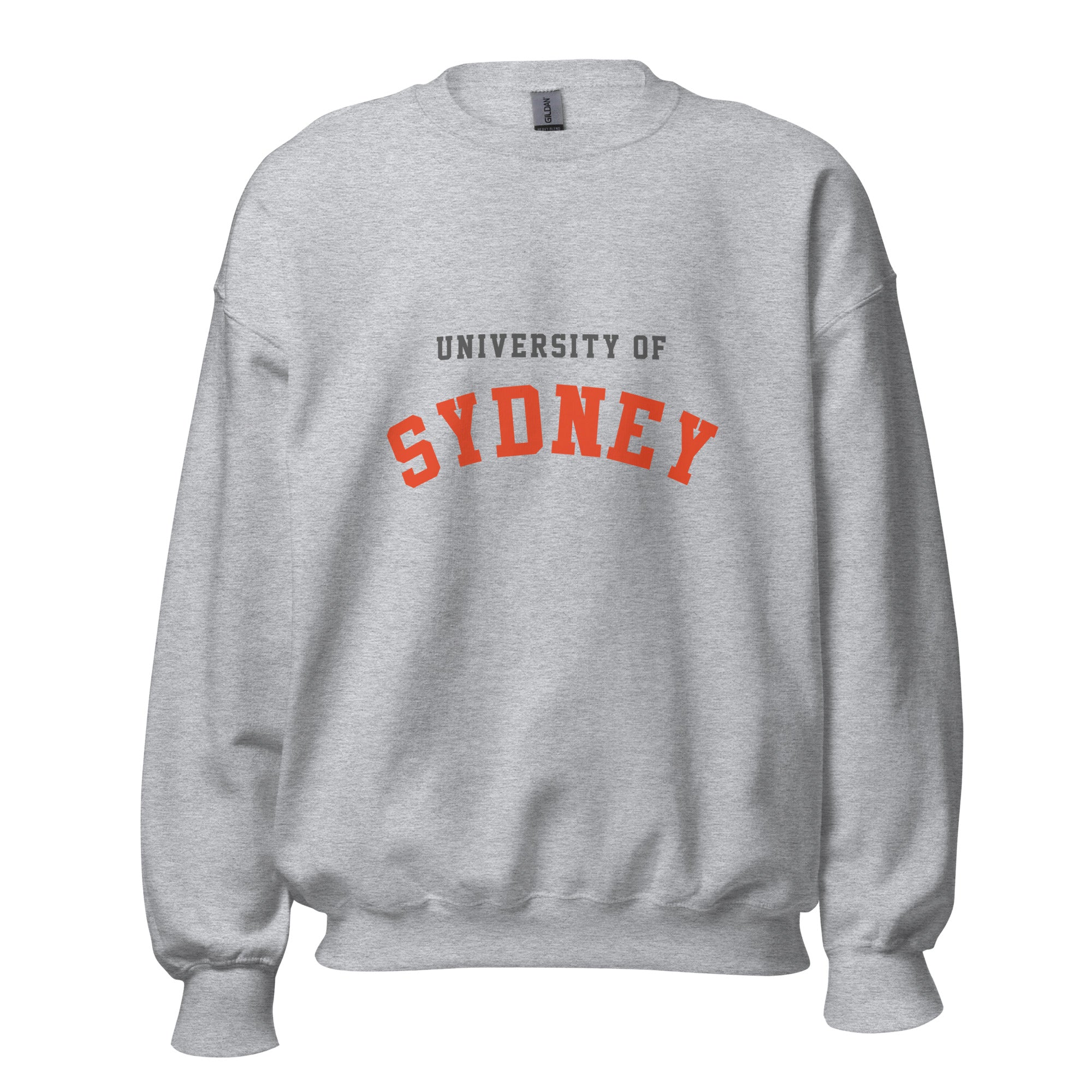 Unisex heather gray sweatshirt featuring University of Sydney logo printed across the front chest
