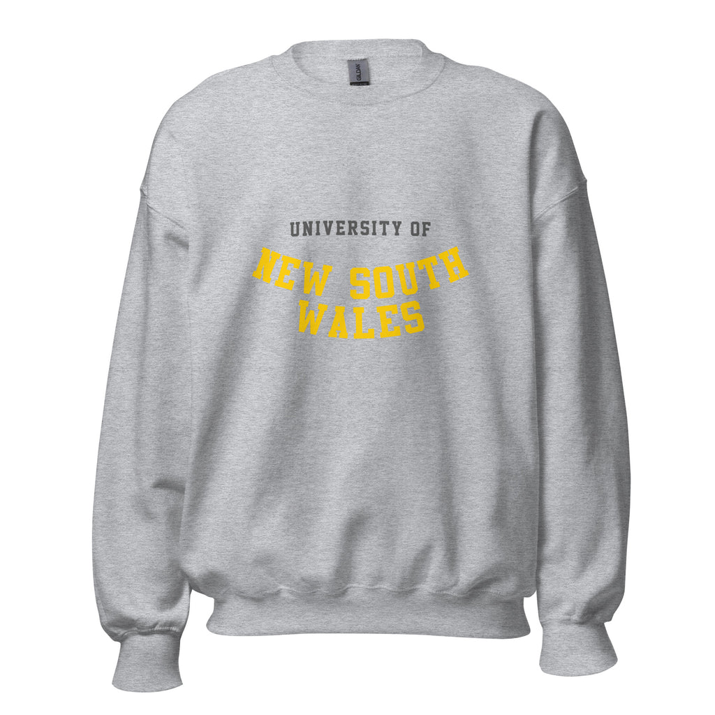 Unisex heather gray sweatshirt featuring University of New South Wales logo printed across the front chest