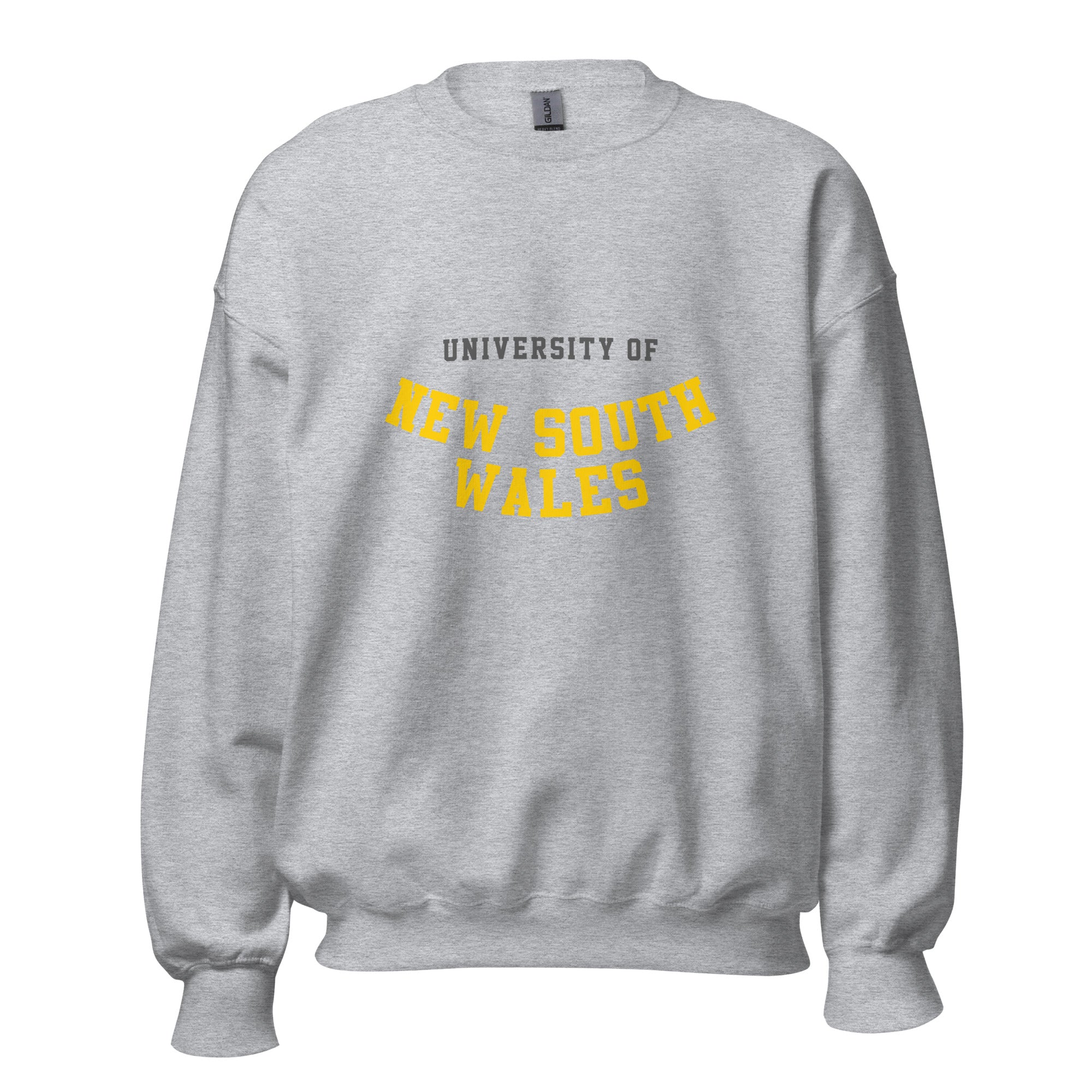 Unisex heather gray sweatshirt featuring University of New South Wales logo printed across the front chest