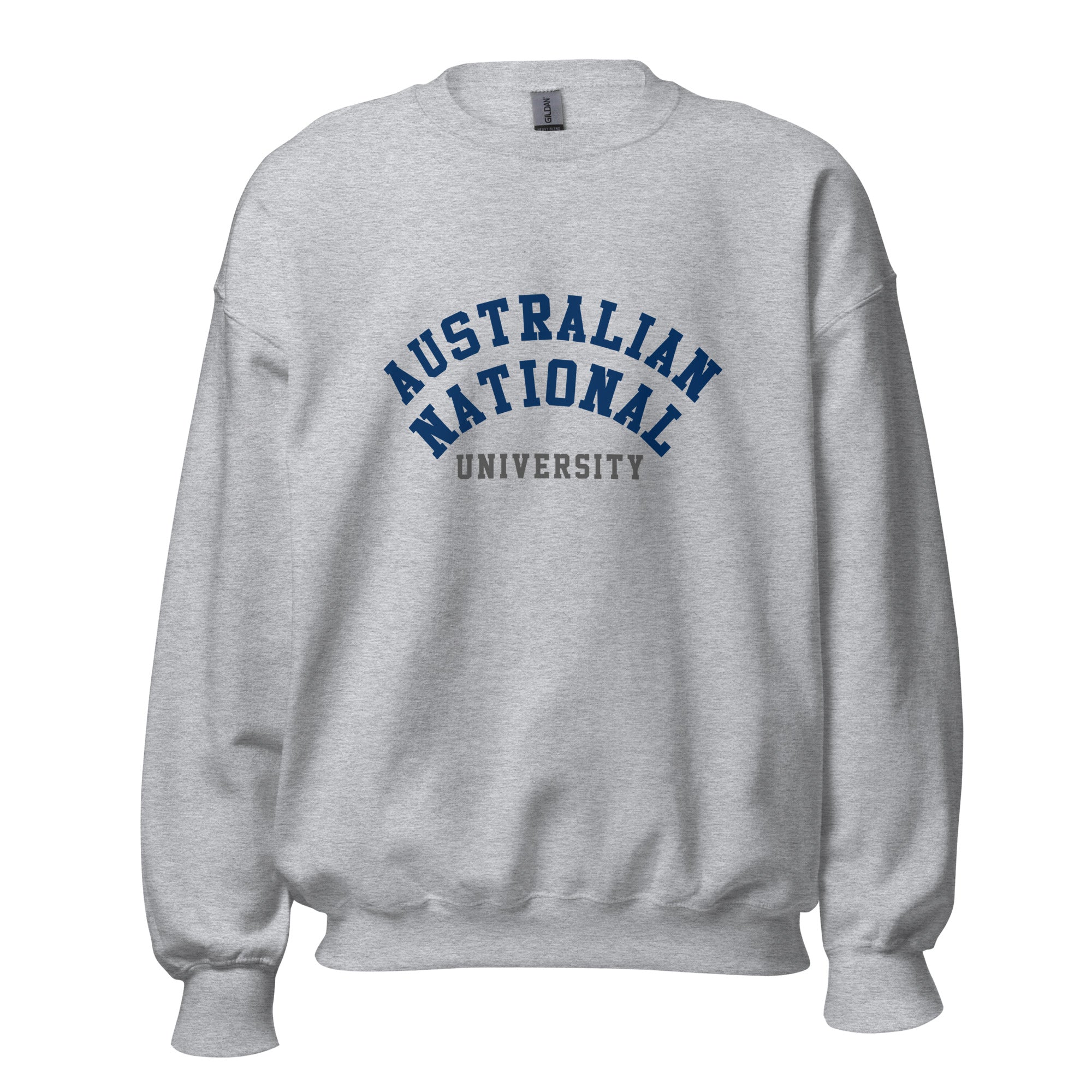 Unisex black sweatshirt featuring Australian National University logo printed across the front chest