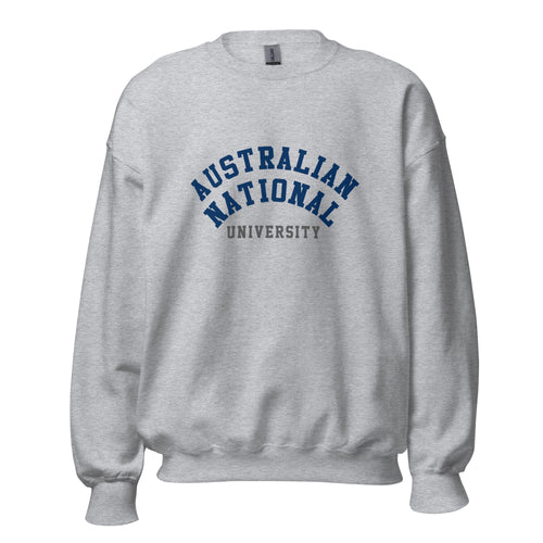 Unisex black sweatshirt featuring Australian National University logo printed across the front chest