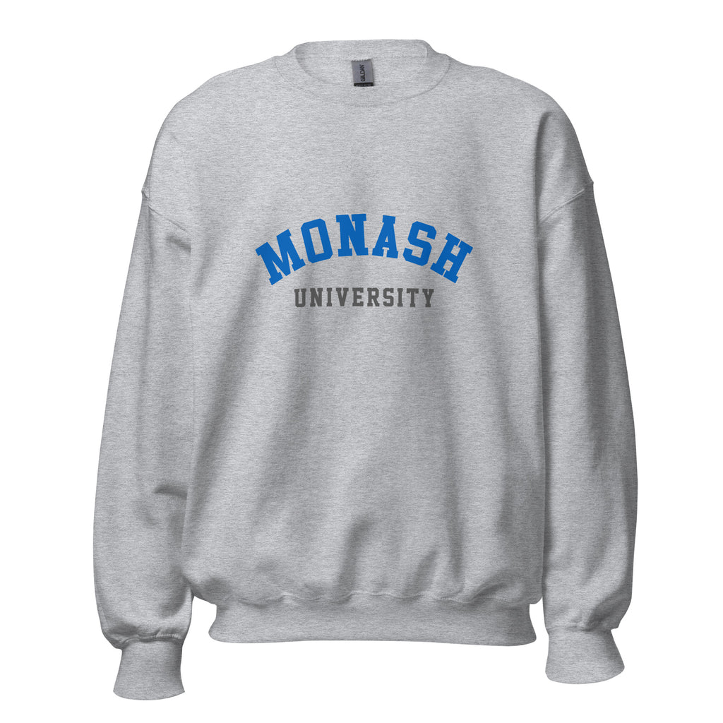Unisex heather gray sweatshirt featuring Monash University logo printed across the front chest