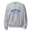 Unisex heather gray sweatshirt featuring Monash University logo printed across the front chest