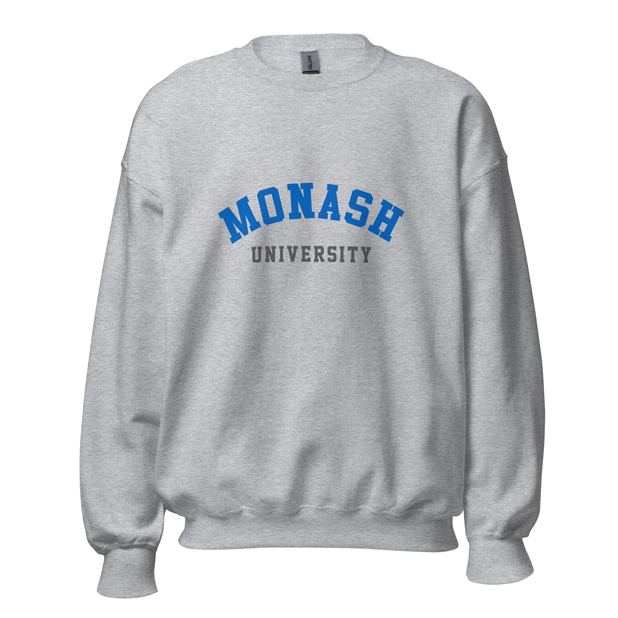 Unisex heather gray sweatshirt featuring Monash University logo printed across the front chest