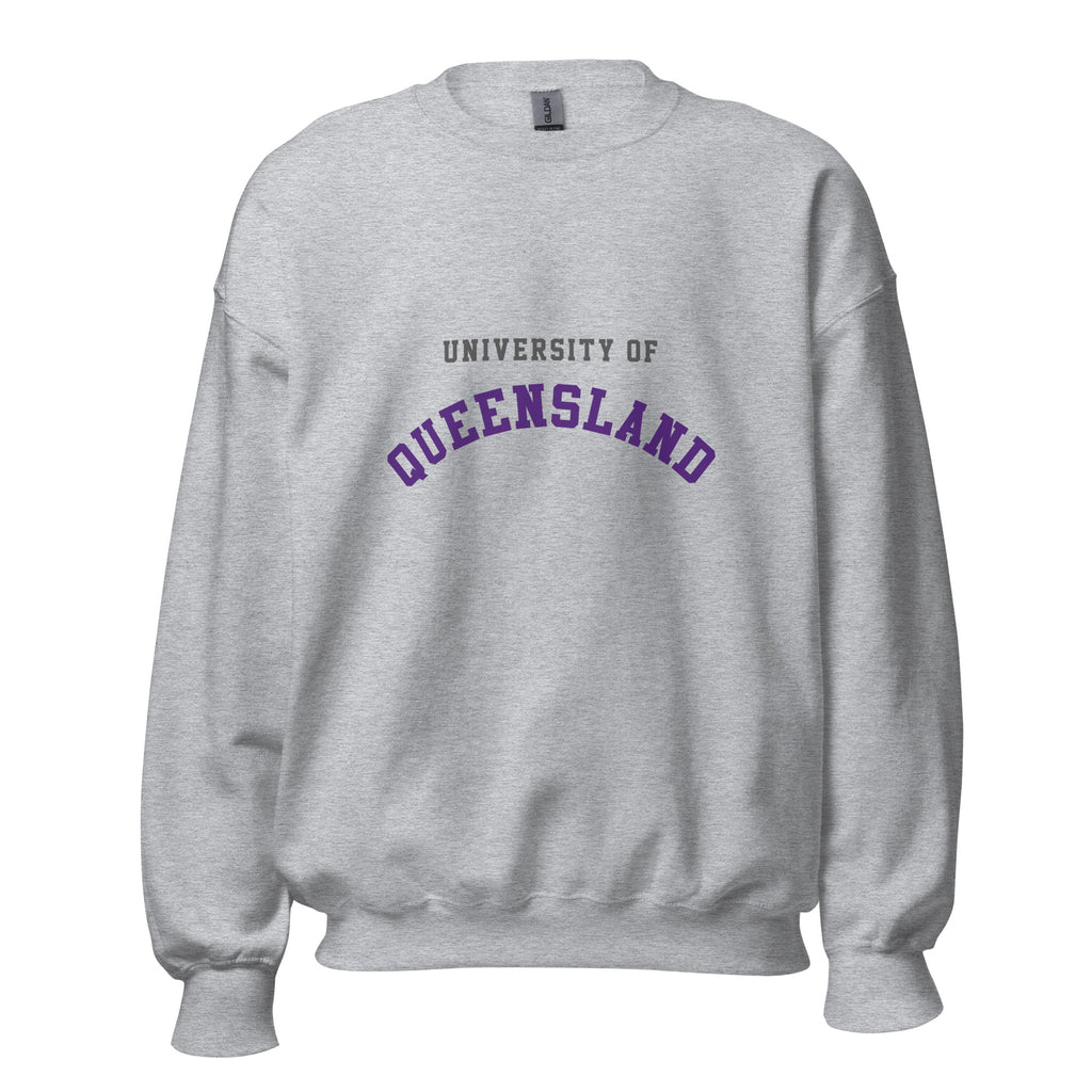 Unisex heather gray sweatshirt featuring University of Queensland logo printed across the front chest