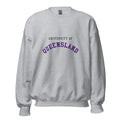 Unisex heather gray sweatshirt featuring University of Queensland logo printed across the front chest