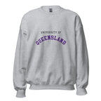 Unisex heather gray sweatshirt featuring University of Queensland logo printed across the front chest