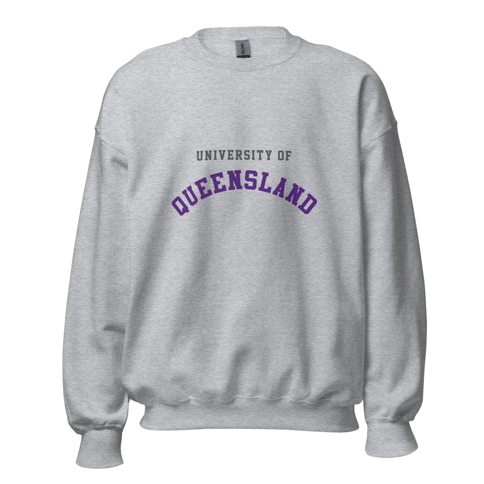 Unisex heather gray sweatshirt featuring University of Queensland logo printed across the front chest