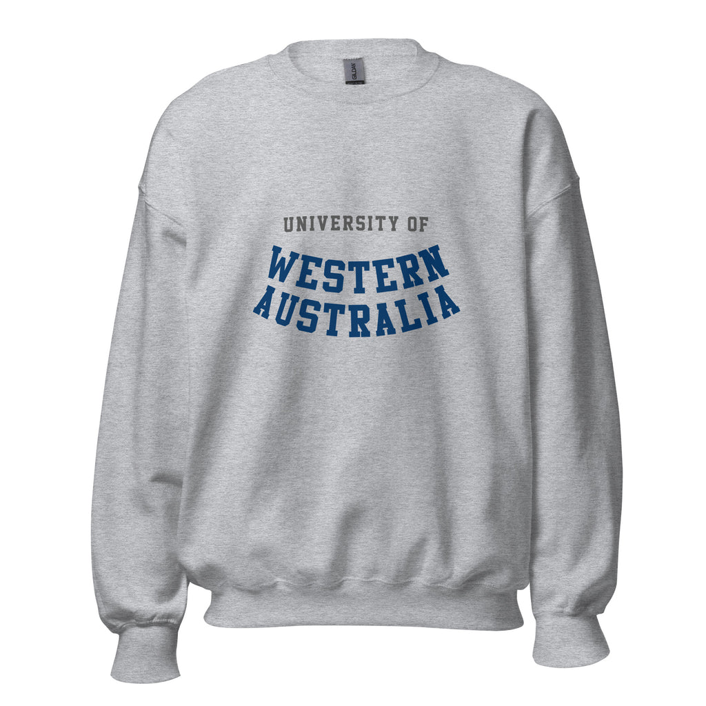 Unisex heather gray sweatshirt featuring University of Western Australia logo printed across the front chest
