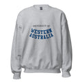 Unisex heather gray sweatshirt featuring University of Western Australia logo printed across the front chest