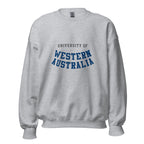 Unisex heather gray sweatshirt featuring University of Western Australia logo printed across the front chest