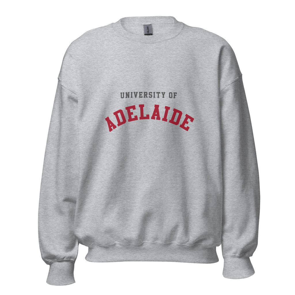 Unisex black sweatshirt featuring University of Adelaide logo printed across the front chest