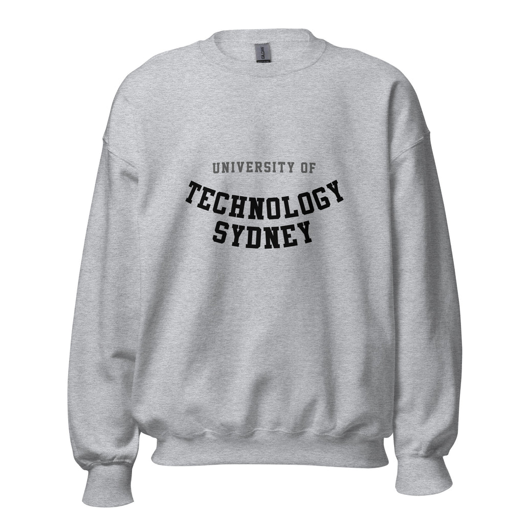 Unisex heather gray sweatshirt featuring University of Technology Sydney logo printed across the front chest