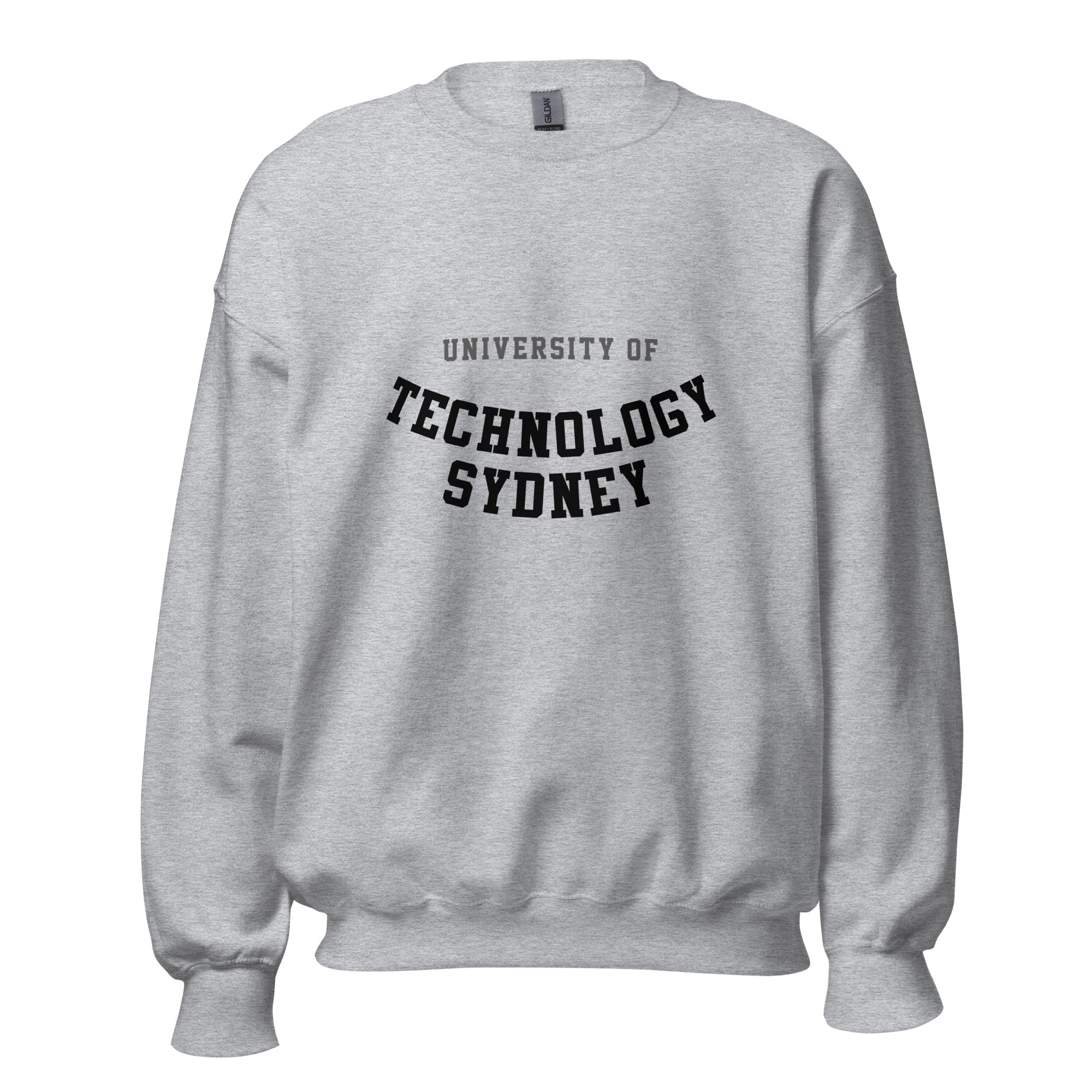 Unisex heather gray sweatshirt featuring University of Technology Sydney logo printed across the front chest