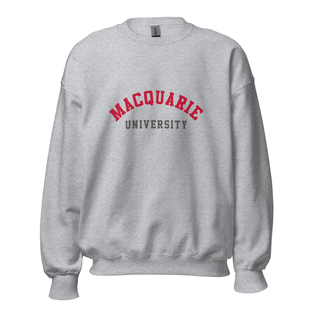 Unisex black sweatshirt featuring Macquarie University logo printed across the front chest