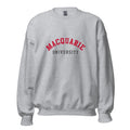Unisex black sweatshirt featuring Macquarie University logo printed across the front chest