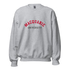 Unisex black sweatshirt featuring Macquarie University logo printed across the front chest