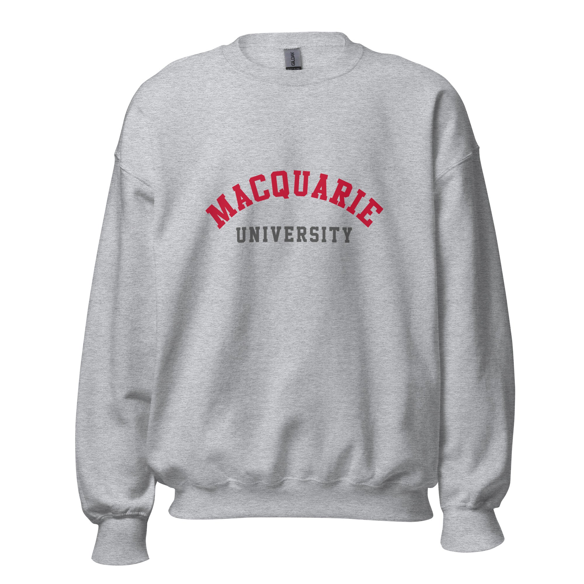 Unisex black sweatshirt featuring Macquarie University logo printed across the front chest