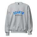 Unisex heather gray sweatshirt featuring Deakin University logo printed across the front chest