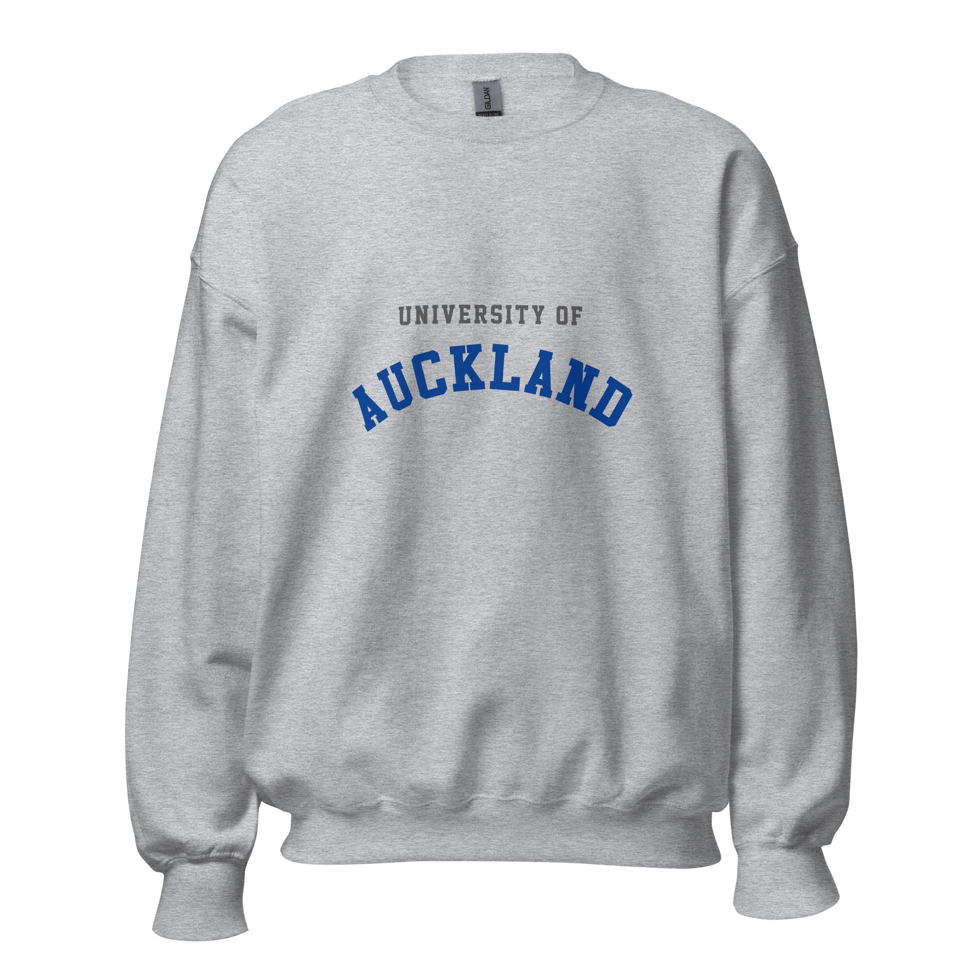 Unisex black sweatshirt featuring University of Auckland logo printed across the front chest