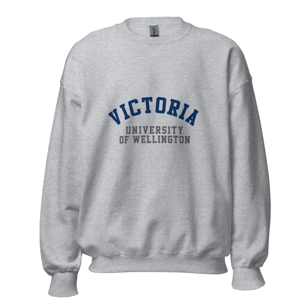 Unisex heather gray sweatshirt featuring Victoria University of Wellington logo printed across the front chest