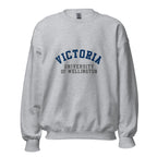 Unisex heather gray sweatshirt featuring Victoria University of Wellington logo printed across the front chest