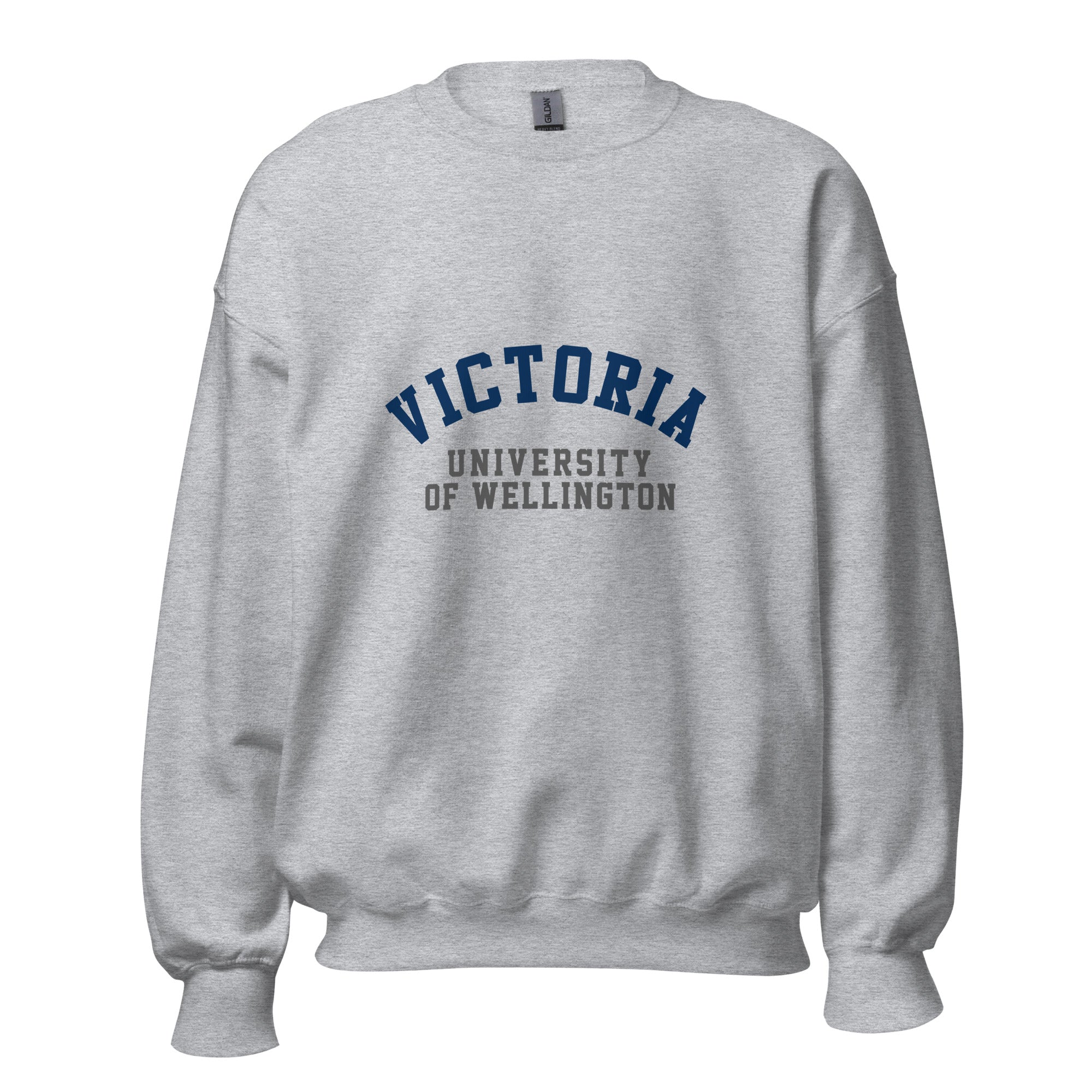 Unisex heather gray sweatshirt featuring Victoria University of Wellington logo printed across the front chest