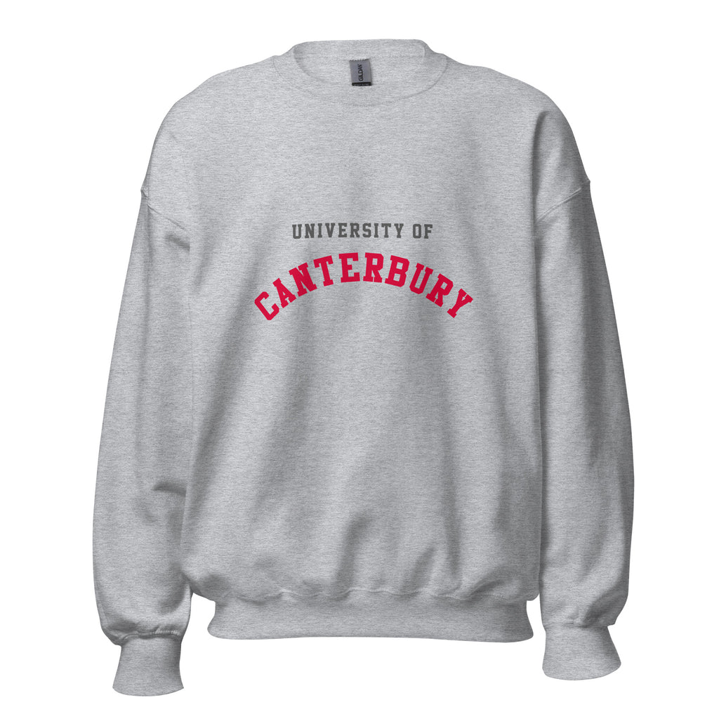 Unisex heather gray sweatshirt featuring University of Canterbury logo printed across the front chest