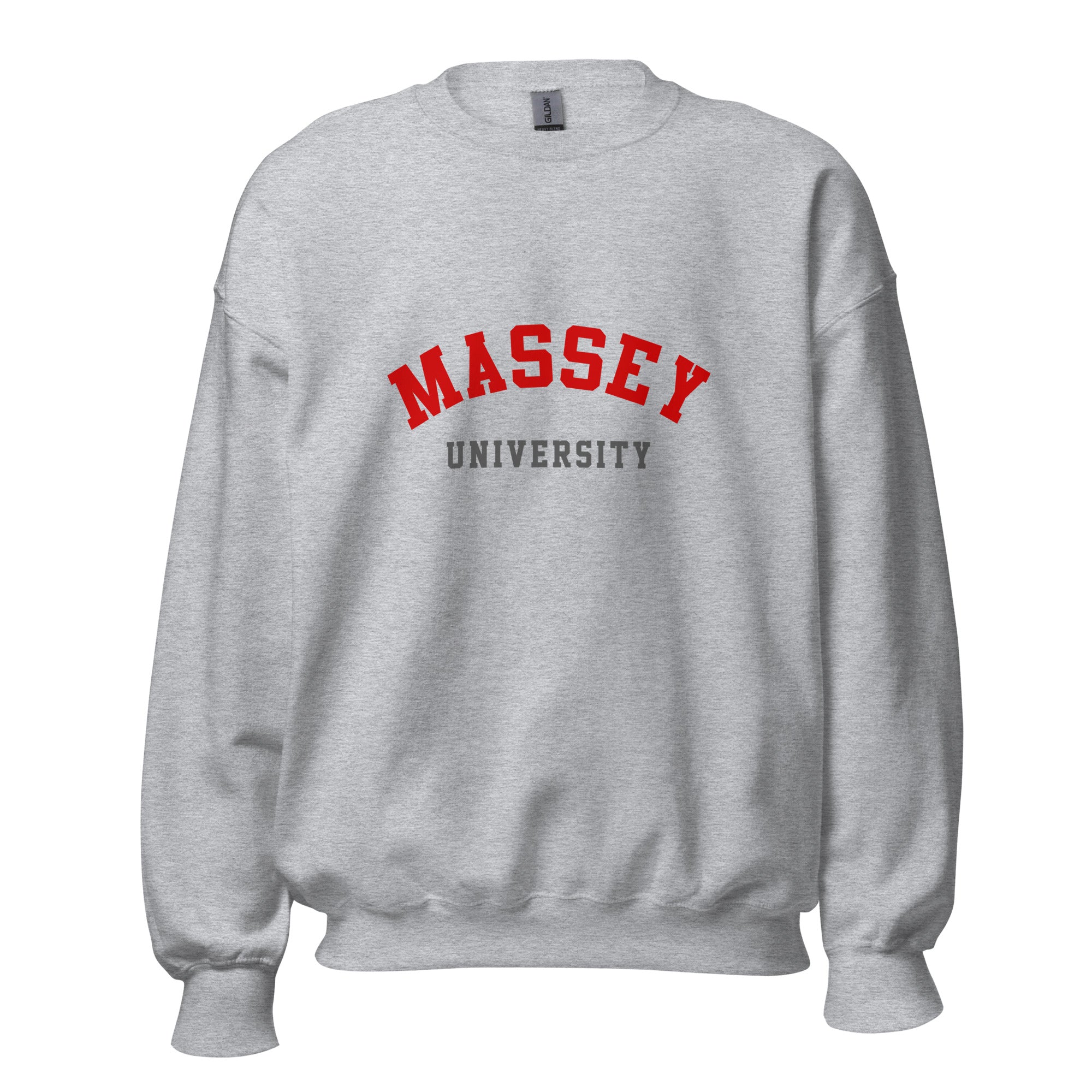 Unisex black sweatshirt featuring Massey University logo printed across the front chest