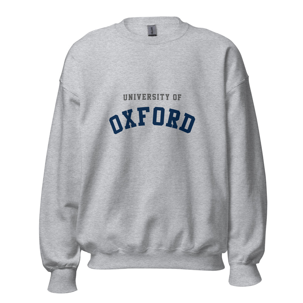 Unisex heather gray sweatshirt featuring University of Oxford logo printed across the front chest