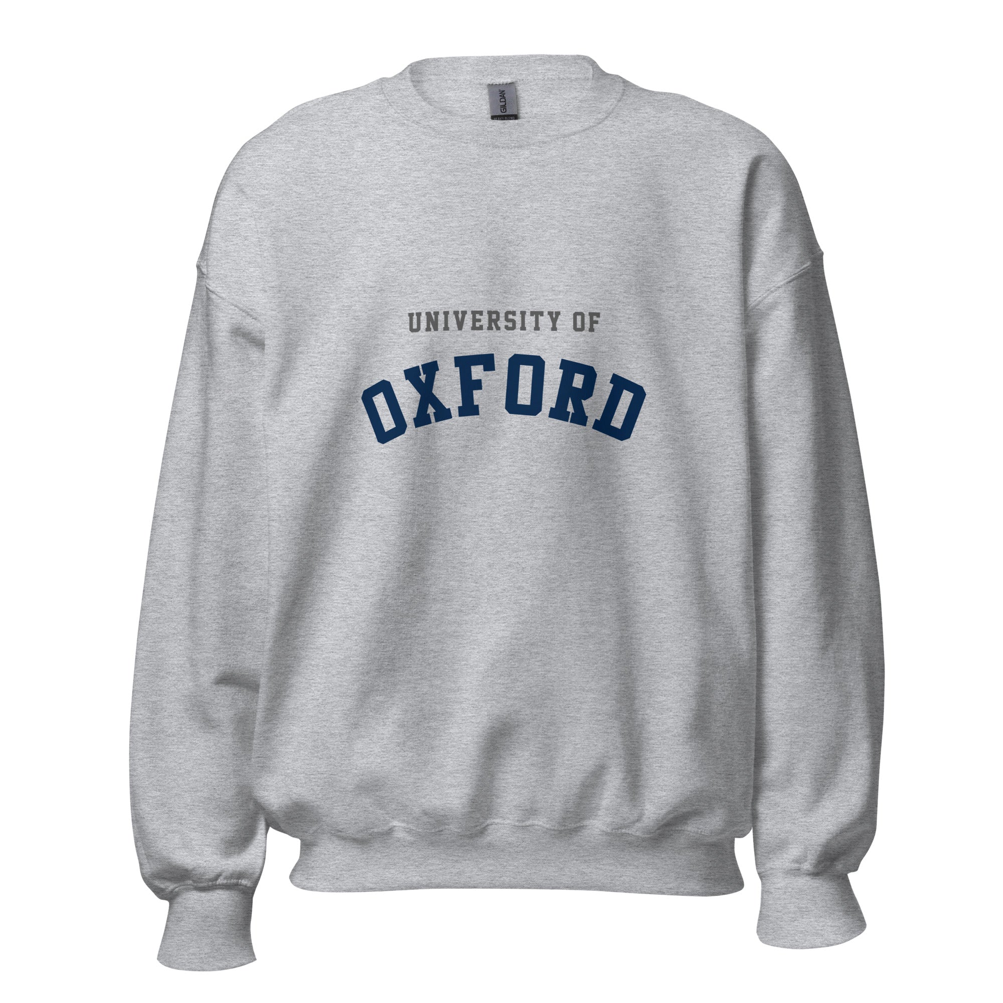 Unisex heather gray sweatshirt featuring University of Oxford logo printed across the front chest