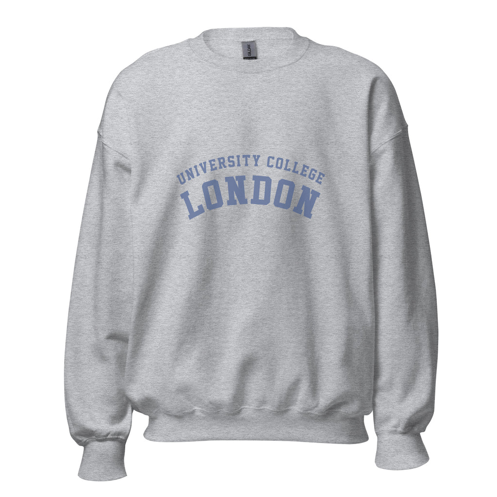 Unisex heather gray sweatshirt featuring University College London logo printed across the front chest