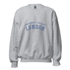 Unisex heather gray sweatshirt featuring University College London logo printed across the front chest