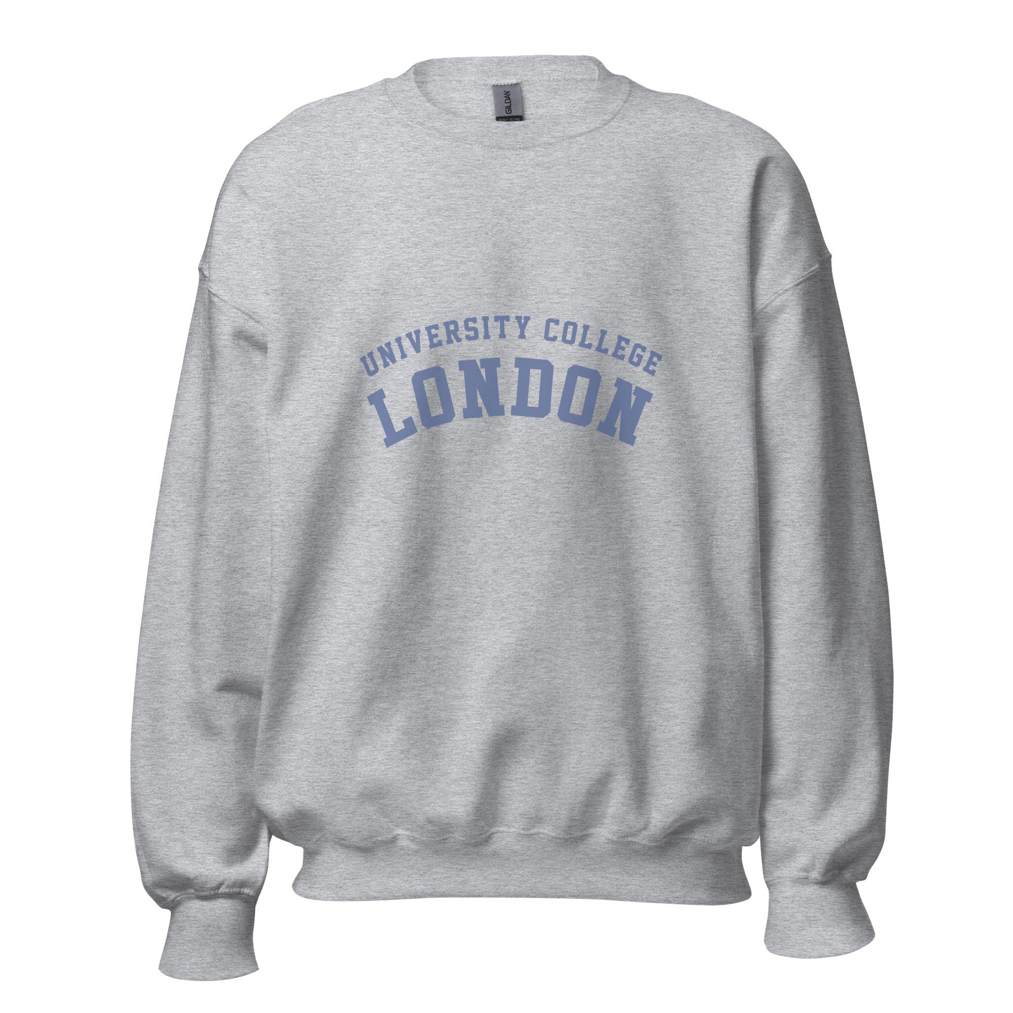 Unisex heather gray sweatshirt featuring University College London logo printed across the front chest