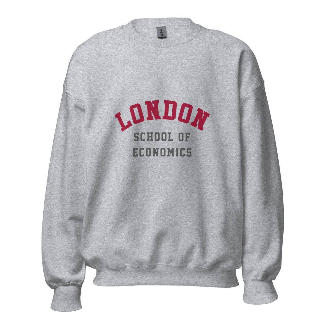 Unisex heather gray sweatshirt featuring London School of Economics logo printed across the front chest