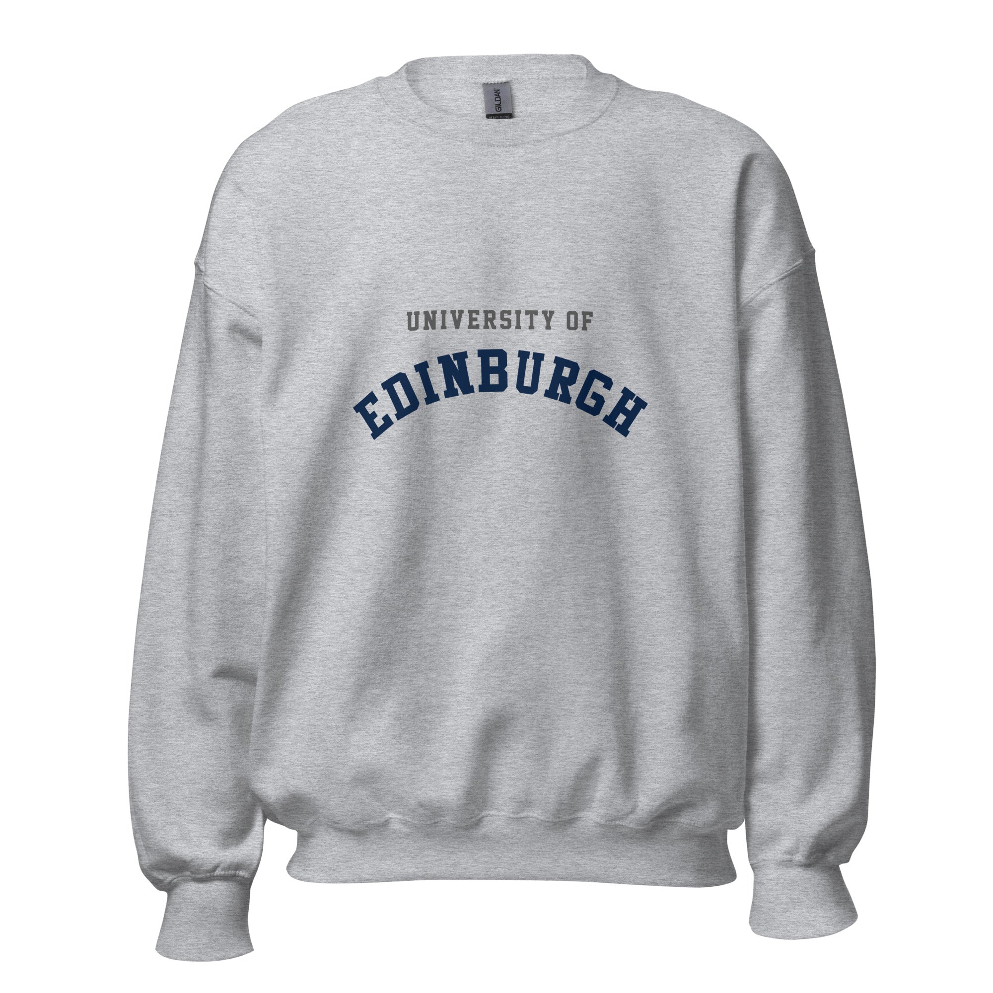 Unisex heather gray sweatshirt featuring University of Edinburgh logo printed across the front chest