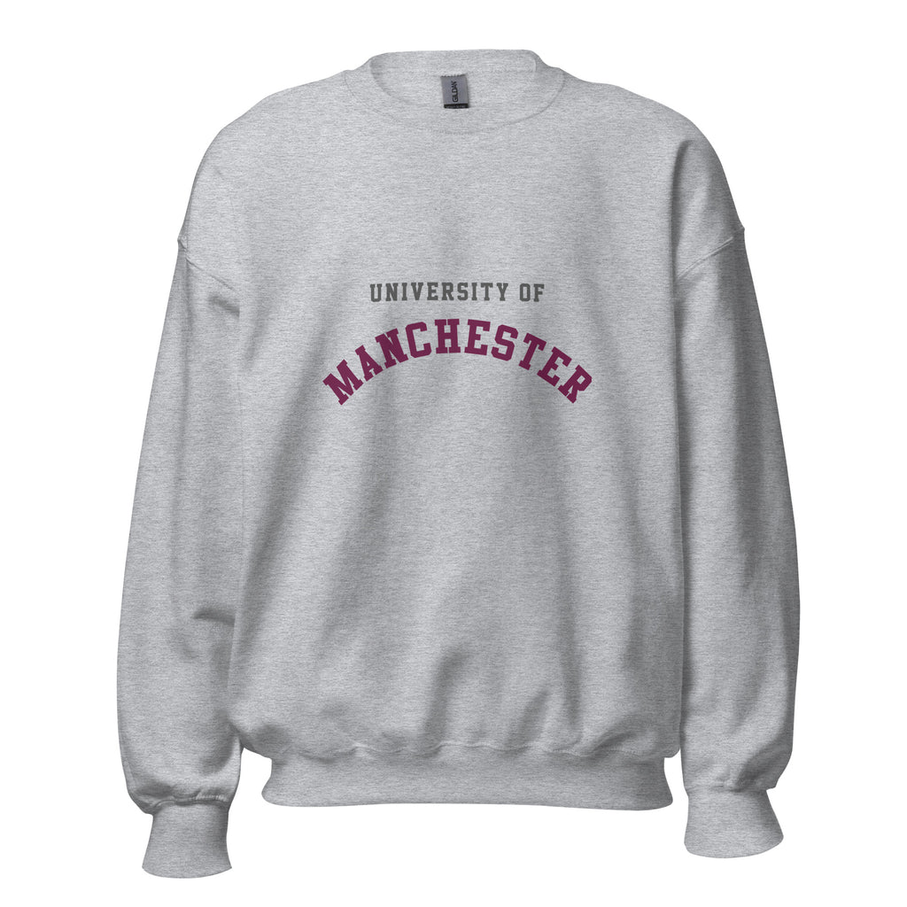 Unisex heather gray sweatshirt featuring University of Manchester logo printed across the front chest