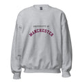 Unisex heather gray sweatshirt featuring University of Manchester logo printed across the front chest