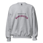 Unisex heather gray sweatshirt featuring University of Manchester logo printed across the front chest