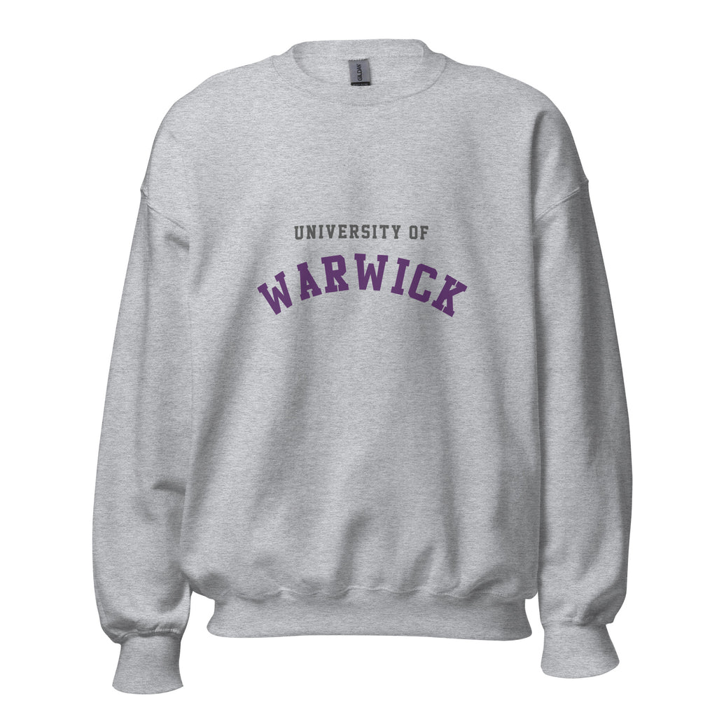 Unisex heather gray sweatshirt featuring University of Warwick logo printed across the front chest