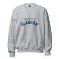 Unisex heather gray sweatshirt featuring University of Glasgow logo printed across the front chest