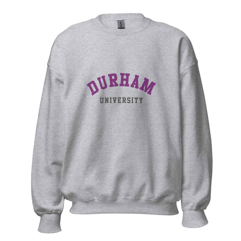 Unisex heather gray sweatshirt featuring Durham University logo printed across the front chest