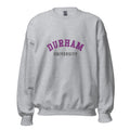 Unisex heather gray sweatshirt featuring Durham University logo printed across the front chest
