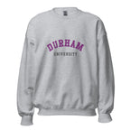 Unisex heather gray sweatshirt featuring Durham University logo printed across the front chest