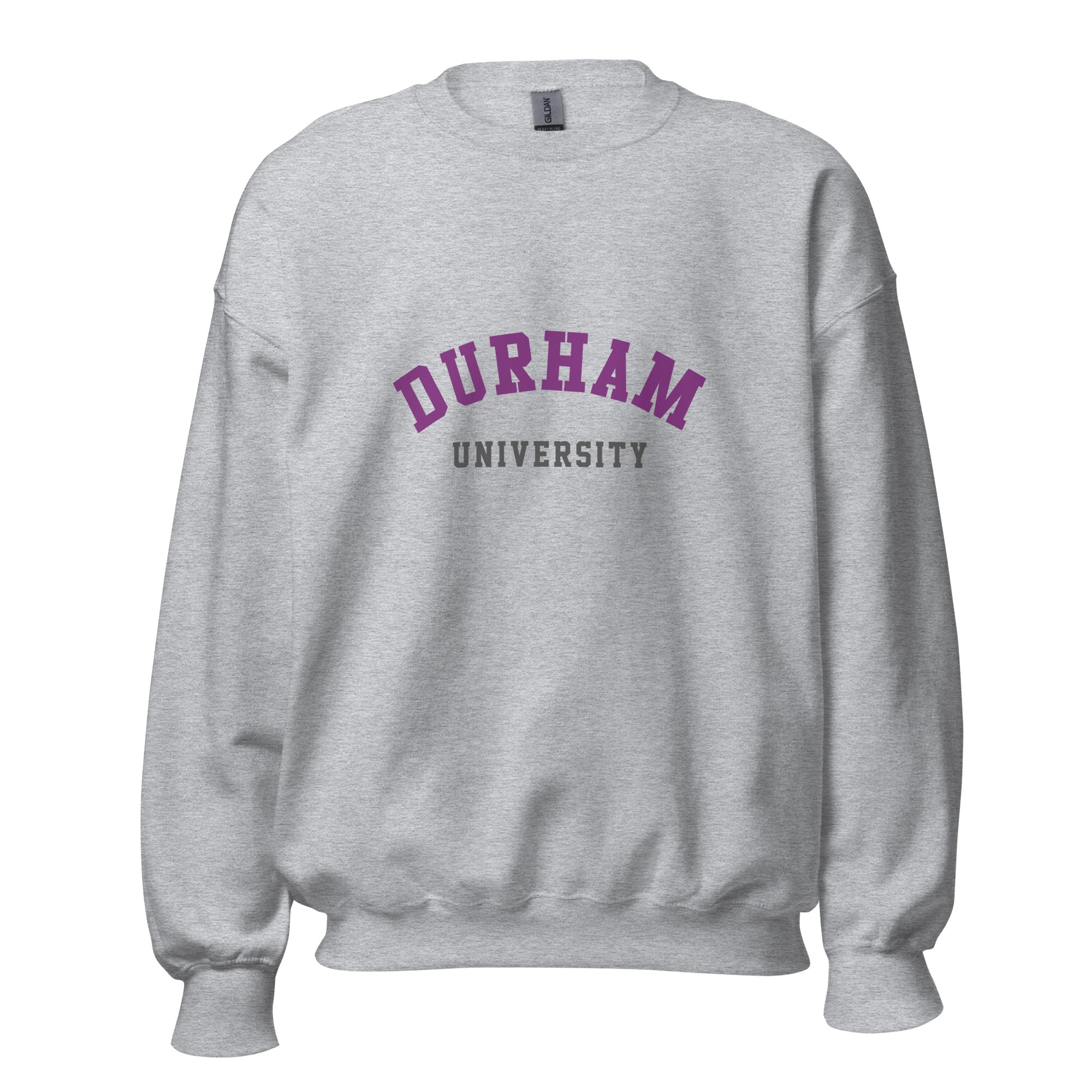 Unisex heather gray sweatshirt featuring Durham University logo printed across the front chest