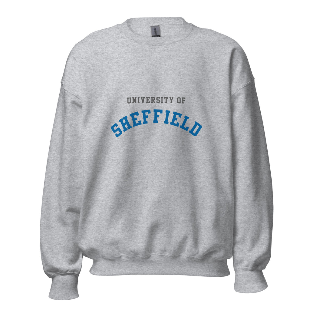 Unisex heather gray sweatshirt featuring University of Sheffield logo printed across the front chest