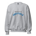 Unisex heather gray sweatshirt featuring University of Sheffield logo printed across the front chest