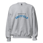 Unisex heather gray sweatshirt featuring University of Sheffield logo printed across the front chest