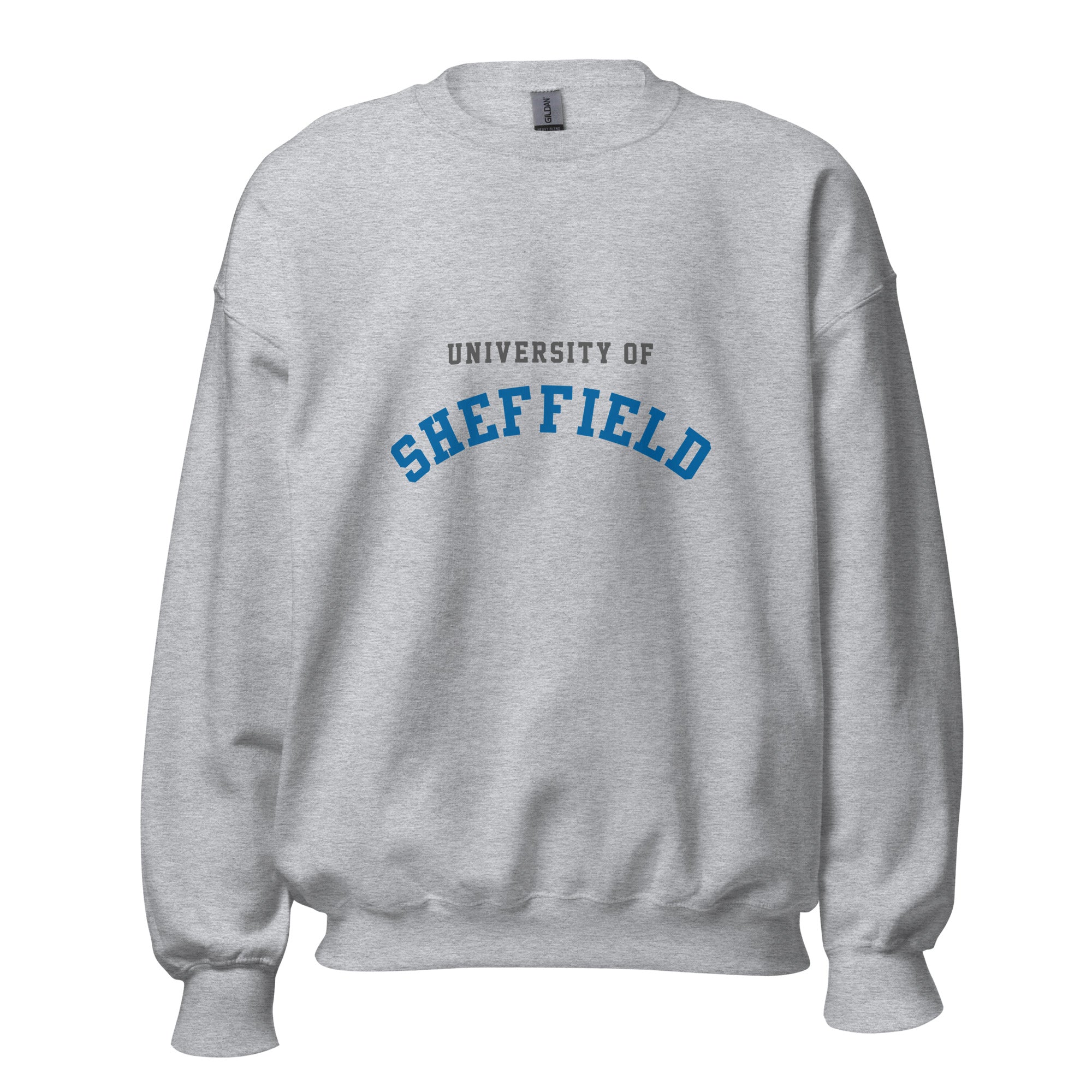 Unisex heather gray sweatshirt featuring University of Sheffield logo printed across the front chest