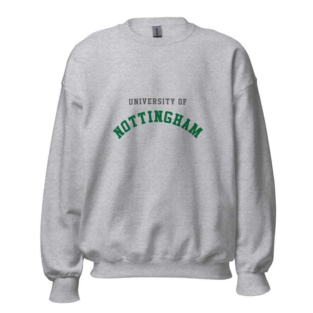 Unisex heather gray sweatshirt featuring University of Nottingham logo printed across the front chest